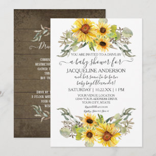 Rustic Sunflower Drive By Baby Shower Watercolor Invitation