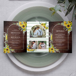 Rustic Sunflower Eucalyptus Arch Barn Wood Wedding Tri-Fold Invitation