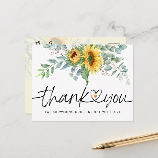 Rustic Sunflower Eucalyptus Baby Shower Thank You Postcard (Front/Back In Situ)