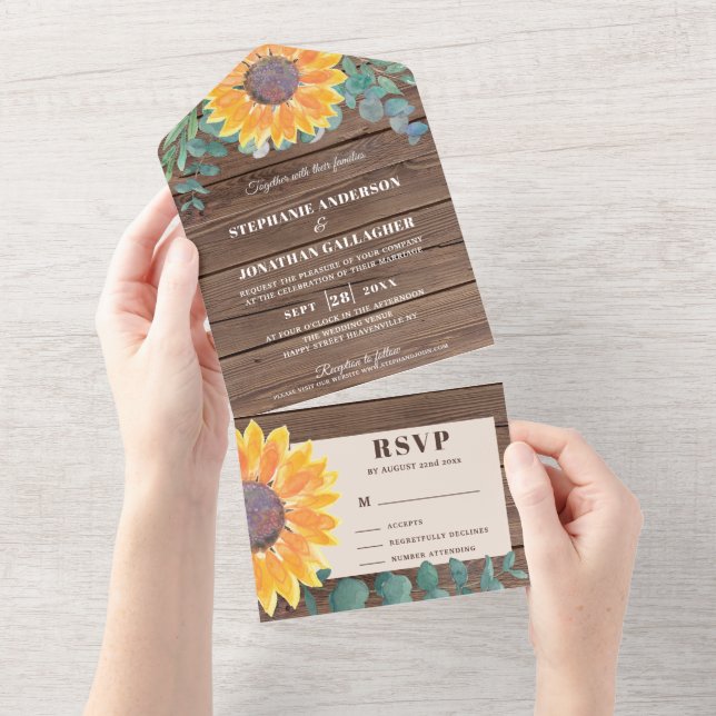Rustic Sunflower Eucalyptus Barn Wood All In One Invitation (Tearaway)