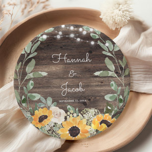 Rustic Sunflower Eucalyptus Barn Wood Paper Plate