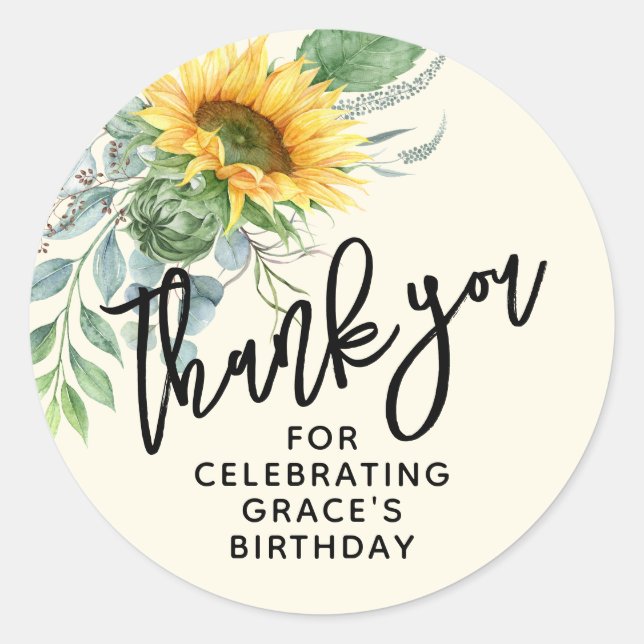 Rustic Sunflower Eucalyptus Birthday Thank You Classic Round Sticker (Front)