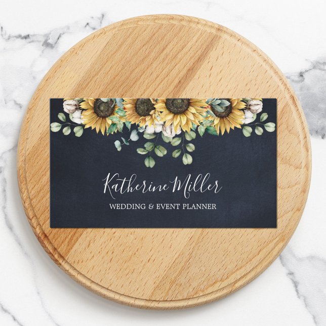 Rustic Sunflower Eucalyptus Black Chalkboard Business Card (In situ)