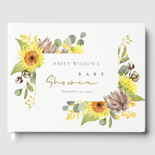 RUSTIC SUNFLOWER EUCALYPTUS  FLORAL BABY SHOWER GUEST BOOK (Front)