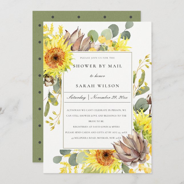 RUSTIC SUNFLOWER EUCALYPTUS FLORAL SHOWER BY MAIL INVITATION (Front/Back)