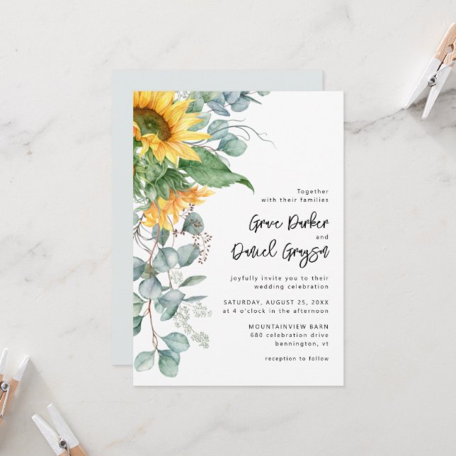 Rustic Sunflower Eucalyptus Floral Wedding Invitation (Front/Back In Situ)