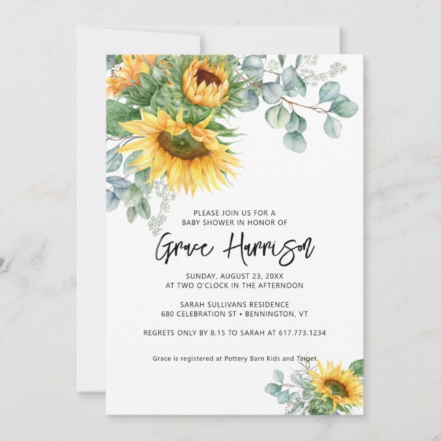 Rustic Sunflower Eucalyptus Greenery Baby Shower Invitation (Front)
