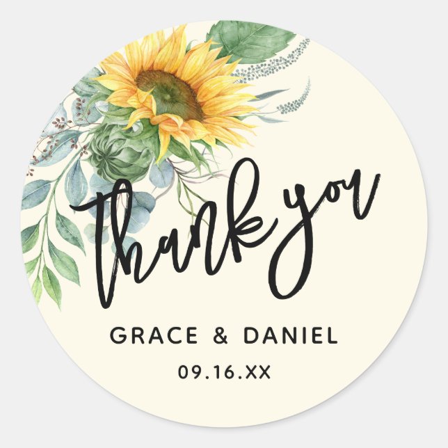 Rustic Sunflower Eucalyptus Greenery Thank You Classic Round Sticker (Front)