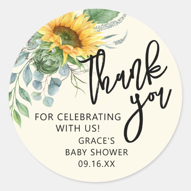 Rustic Sunflower Eucalyptus Greenery Thank You Classic Round Sticker (Front)