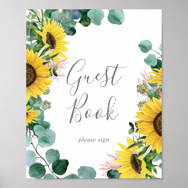 Rustic Sunflower Eucalyptus Guest Book Sign (Front)