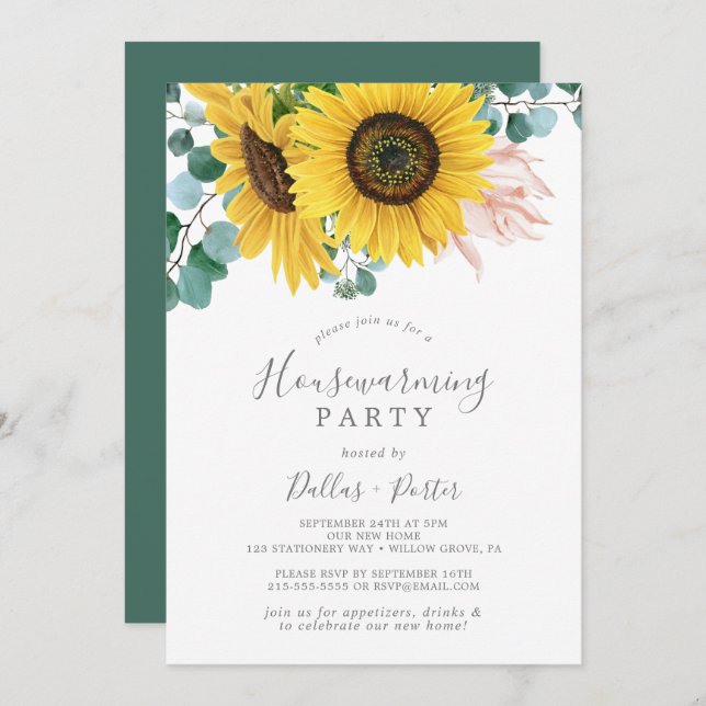 Rustic Sunflower Eucalyptus Housewarming Party Invitation (Front/Back)