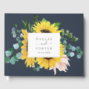 Rustic Sunflower Eucalyptus   Navy Wedding Guest Book