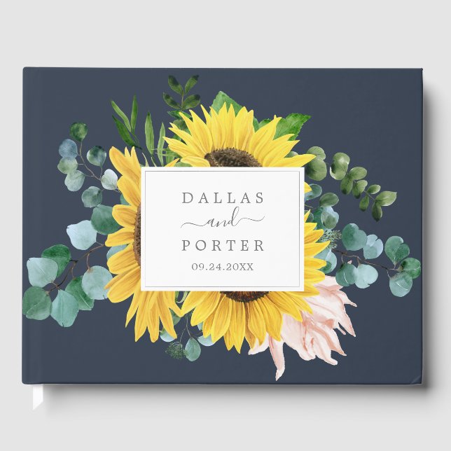 Rustic Sunflower Eucalyptus | Navy Wedding Guest Book (Front)