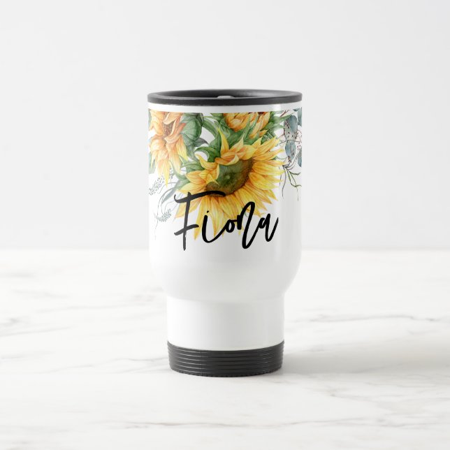 Rustic Sunflower Eucalyptus Personalised Travel Mug (Center)