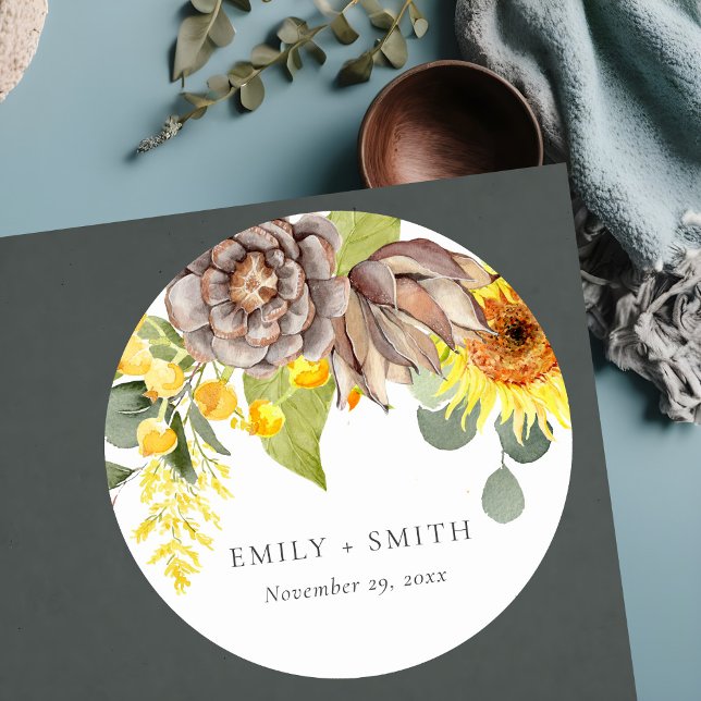 RUSTIC SUNFLOWER EUCALYPTUS PINE FLORAL WEDDING CLASSIC ROUND STICKER (Creator Uploaded)