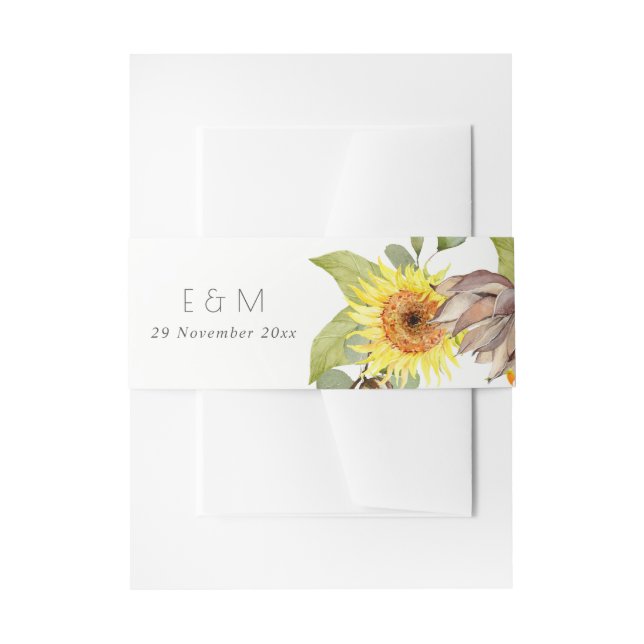 RUSTIC SUNFLOWER EUCALYPTUS PINE FLORAL WEDDING INVITATION BELLY BAND (Front Example)
