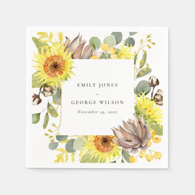 RUSTIC SUNFLOWER EUCALYPTUS PINE FLORAL WEDDING NAPKIN (Front)
