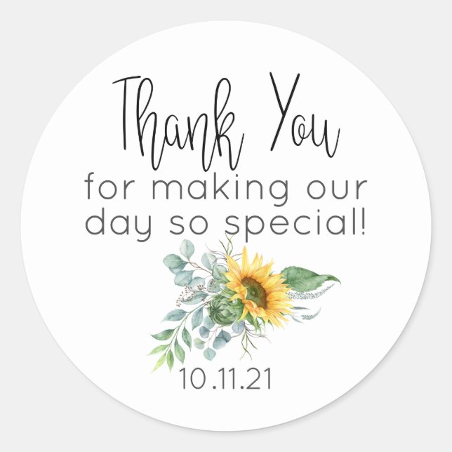 Rustic Sunflower Eucalyptus Simple Thank You Classic Round Sticker (Front)