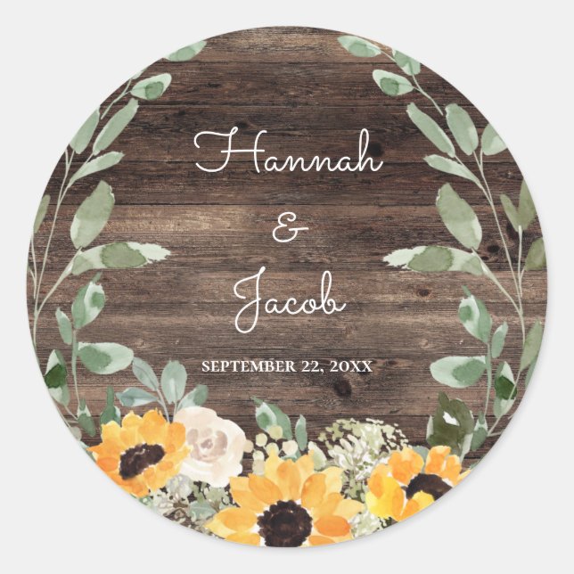 Rustic Sunflower Eucalyptus Wedding Favour Classic Round Sticker (Front)