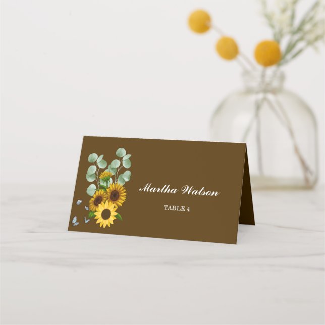 Rustic Sunflower Eucalyptus Wedding Name Place Card (Front)