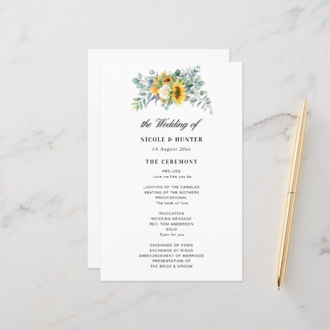 rustic sunflower eucalyptus wedding program (Front/Back In Situ)