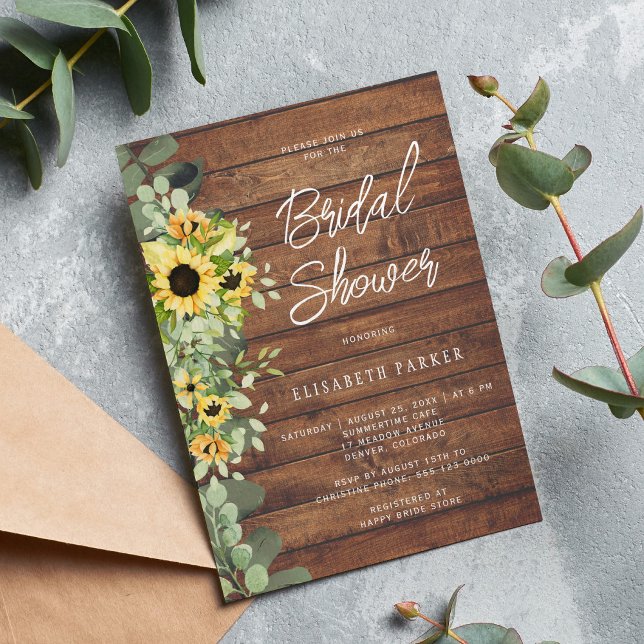 Rustic sunflower eucalyptus wood bridal shower invitation (Creator Uploaded)