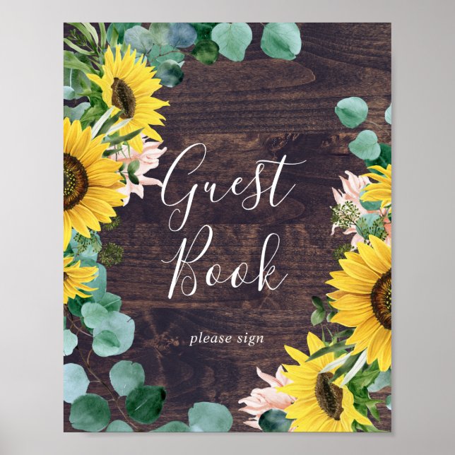 Rustic Sunflower Eucalyptus | Wood Guest Book Sign (Front)