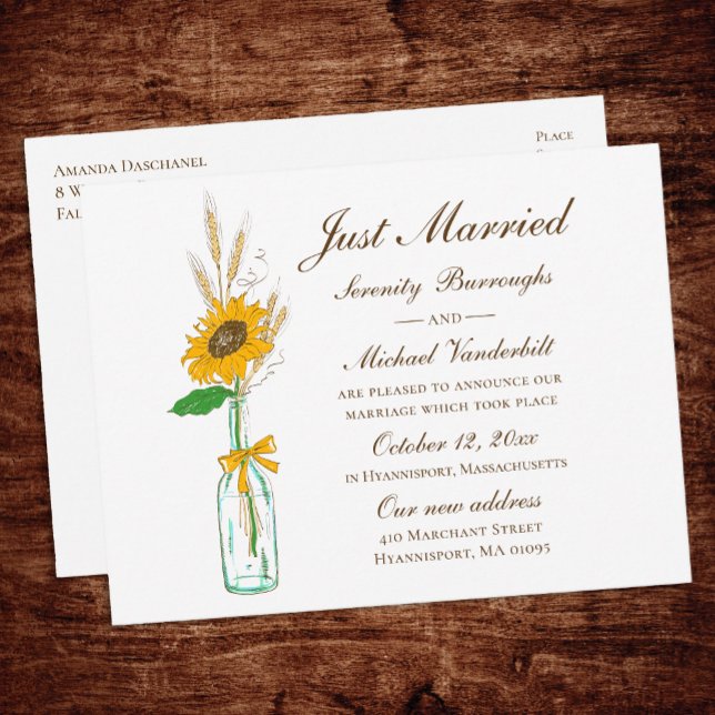 Rustic Sunflower Fall Floral Just Married Wedding  Announcement Postcard (Creator Uploaded)