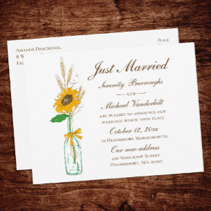Rustic Sunflower Fall Floral Just Married Wedding Announcement Postcard