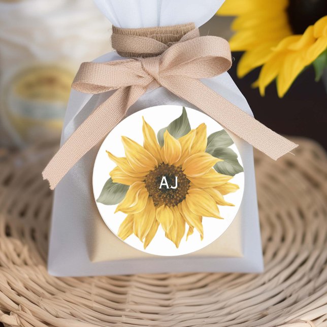 Rustic Sunflower, Fall wedding favour Classic Round Sticker (Sunflower themed, 1 inches round favor stickers)