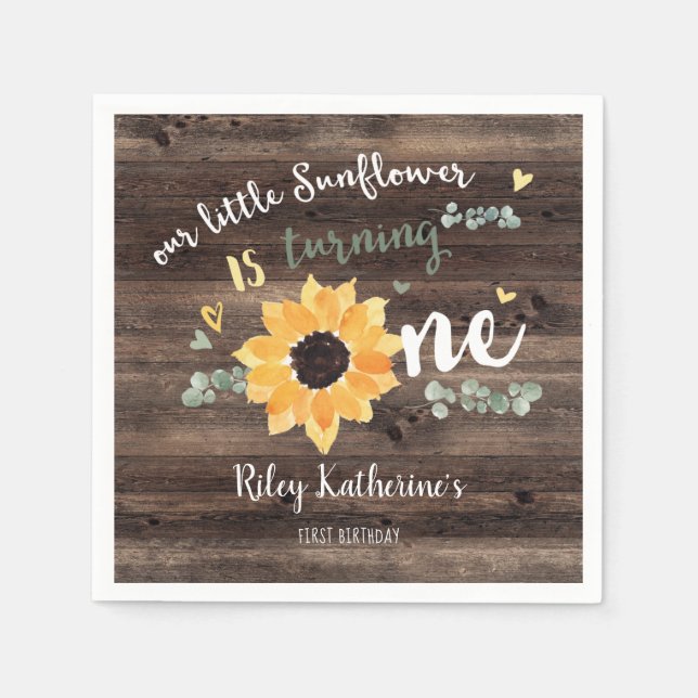 Rustic Sunflower First Birthday Party Napkins (Front)