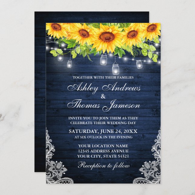 Rustic Sunflower Floral Blue Wood Jar Lights Lace Invitation (Front/Back)