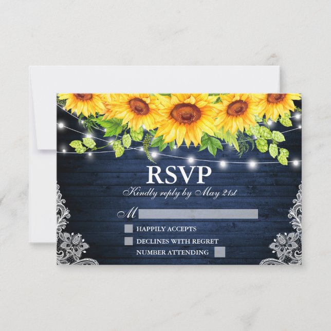 Rustic Sunflower Floral Blue Wood Lights Lace RSVP (Front)