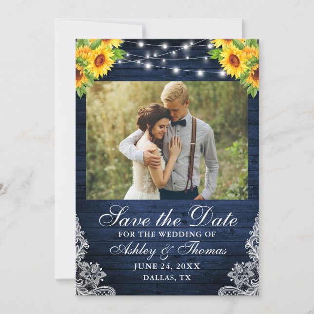 Rustic Sunflower Floral Blue Wood Lights Photo Save The Date (Front)