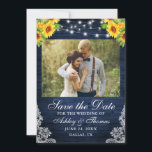 Rustic Sunflower Floral Blue Wood Lights Photo Save The Date<br><div class="desc">Rustic Blue Wood String Lights Watercolor Sunflower Floral and Greenery Lace Wedding Save The Date Card</div>