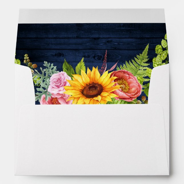 Rustic Sunflower Floral Blue Wood Wedding Envelope (Back (Bottom))