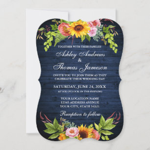 Rustic Sunflower Floral Blue Wood Wedding Invitation