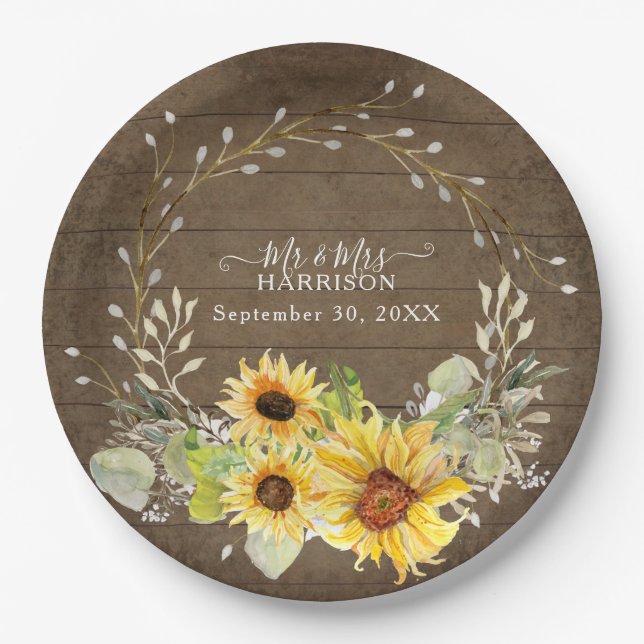 Rustic Sunflower Floral BOHO Watercolor Greenery Paper Plate (Front)