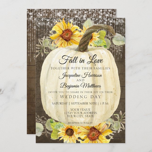 Rustic Sunflower Floral Fairy Lights Pumpkin Wood Invitation (Front/Back)