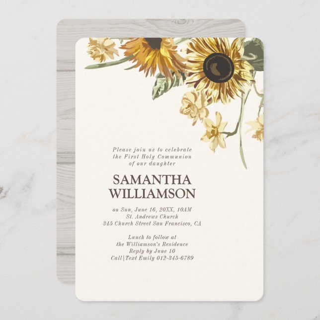 Rustic Sunflower Floral First Communion Invitation (Front/Back)