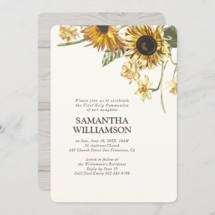 Rustic Sunflower Floral First Communion Invitation