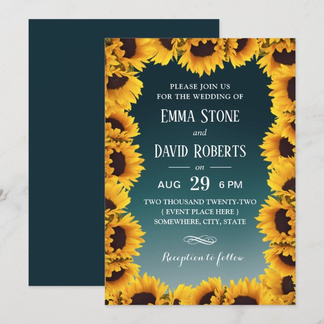 Rustic Sunflower Floral Frame Teal Wedding Invitation (Front/Back)
