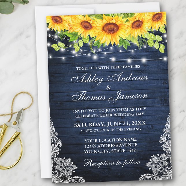Rustic Sunflower Floral Lace Blue Wood Lights Invitation (Customize to add more text or photos to back of card.)