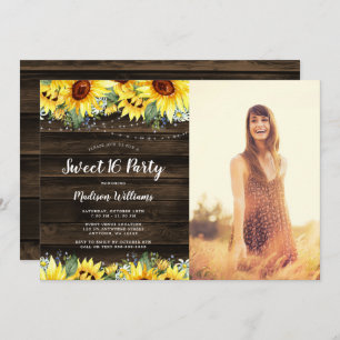 Rustic Sunflower Floral Lights Sweet 16 Photo Invitation