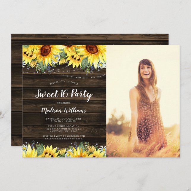 Rustic Sunflower Floral Lights Sweet 16 Photo Invitation (Front/Back)