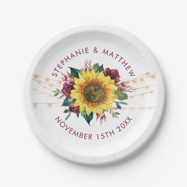 Rustic Sunflower Floral Lights Wedding Paper Plate (Front)