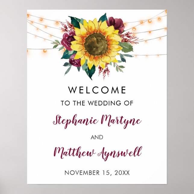 Rustic Sunflower Floral Lights Wedding Poster (Front)