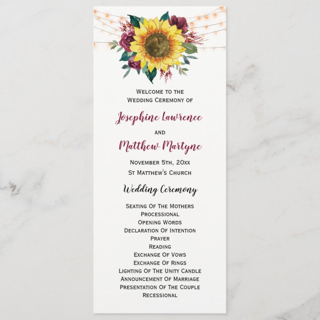Rustic Sunflower Floral Lights Wedding Program (Front)