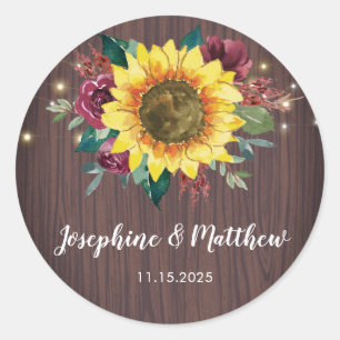 Rustic Sunflower Floral Lights Wood Wedding Classic Round Sticker