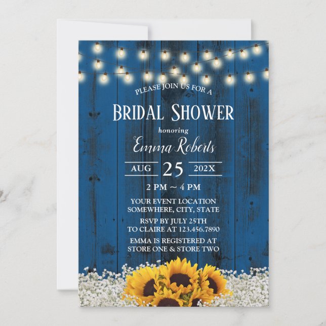 Rustic Sunflower Floral Navy Barn Bridal Shower Invitation (Front)